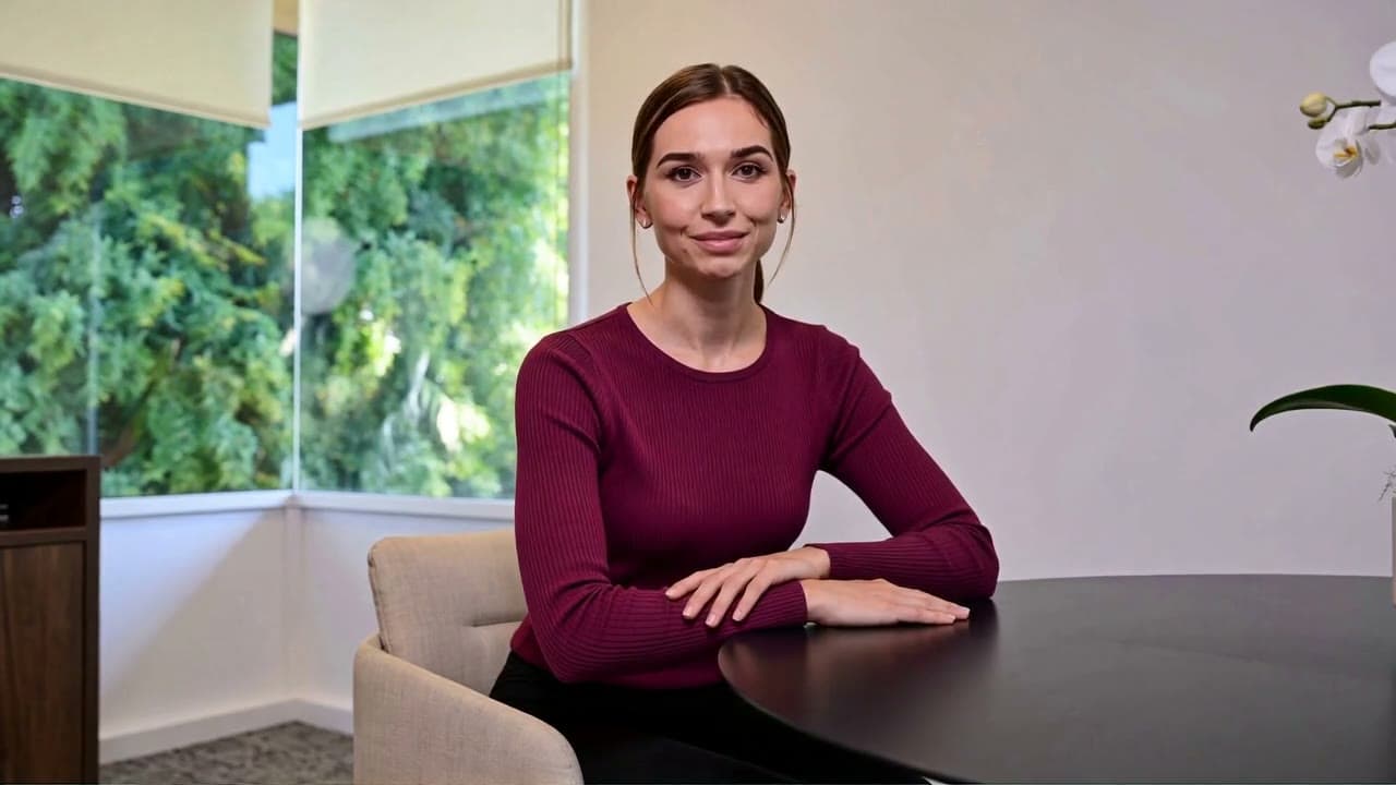 Emma, the Sterling Learn AI teacher, at a desk in a bright meeting room