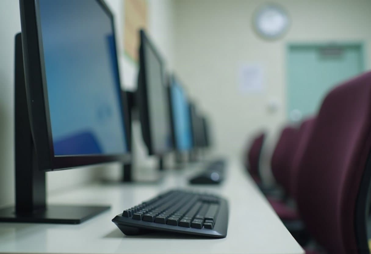 A quiet row of computer-based exam workstations