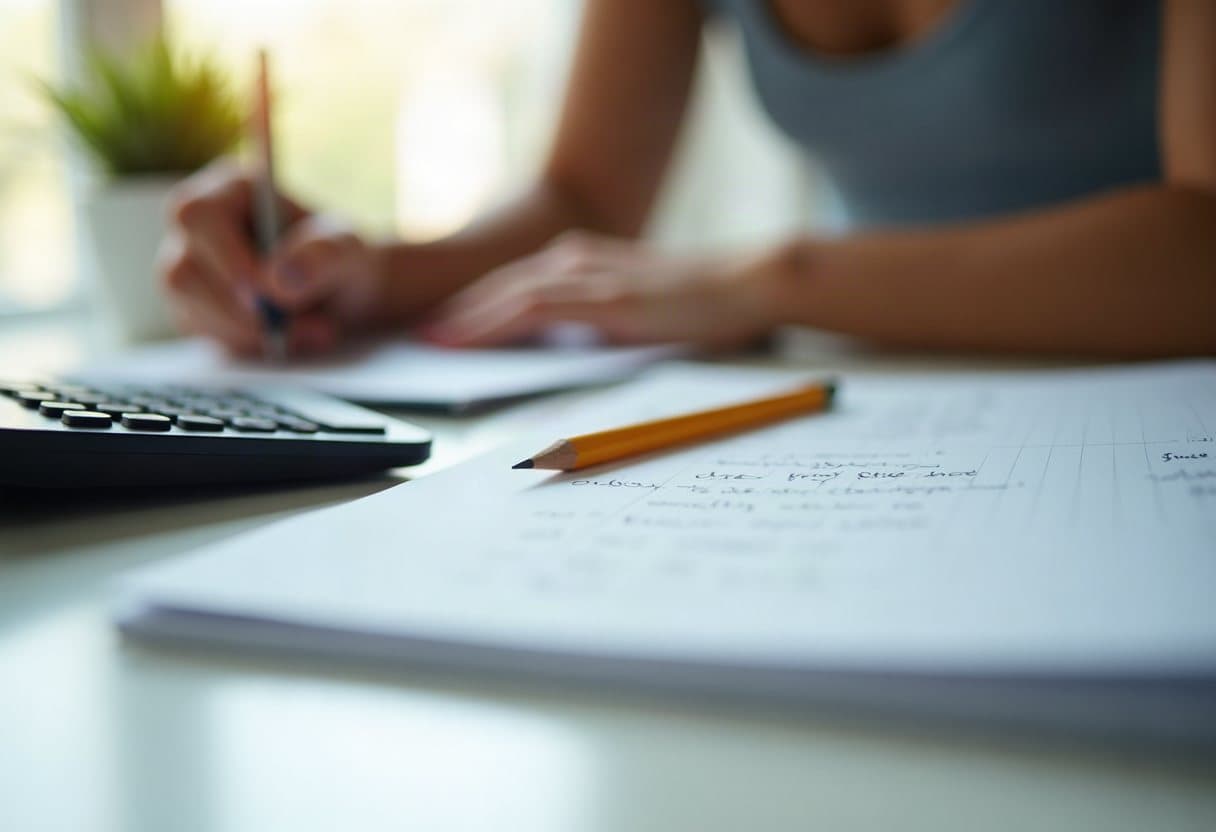 A calculator, pencil and open notebook on a bright desk