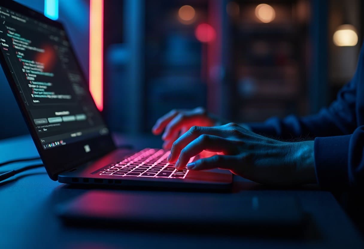 Hands on a backlit keyboard beside a laptop in a dark office
